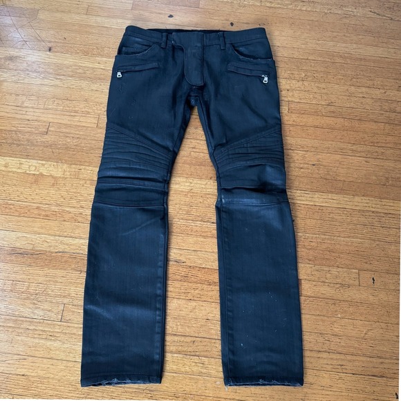 Balmain Other - Balmain Biker Jeans Mens 32 Black Excellent Waxed Oliver Ribbed Moto Denim